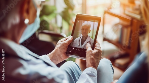 telemedicine concept, elderly patient with tablet pc during an online consultation with his doctor in his living room photo
