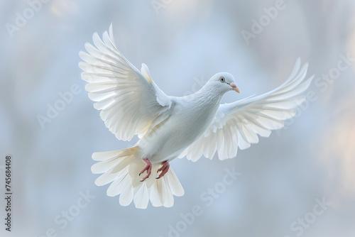 The white dove spreads its wings and flies in free space. A concept that allows you to act as you wish without being bound by anyone.