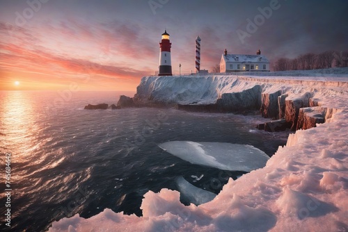 Winter Lighthouse Sunset Glow