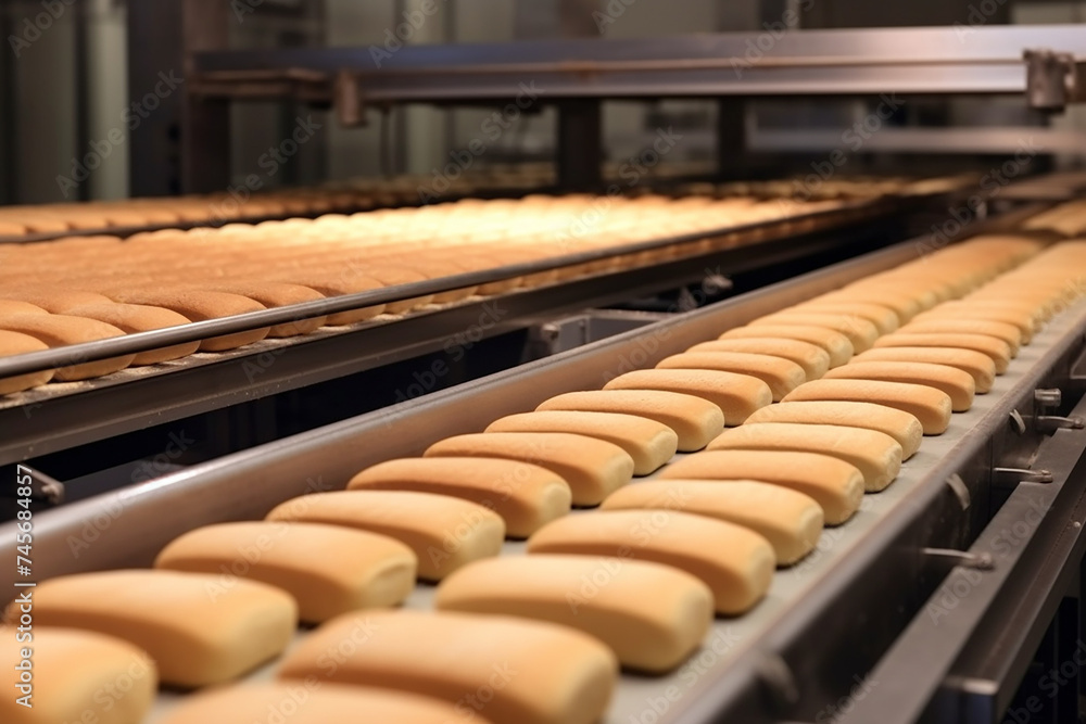 Loaves of bread in a bakery on an automated conveyor. Bread in production