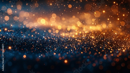 Abstract background with dark blue and gold particles, Bokeh golden and blue sparkles, on navy blue background, holiday background, golden and blue glittering confetti
