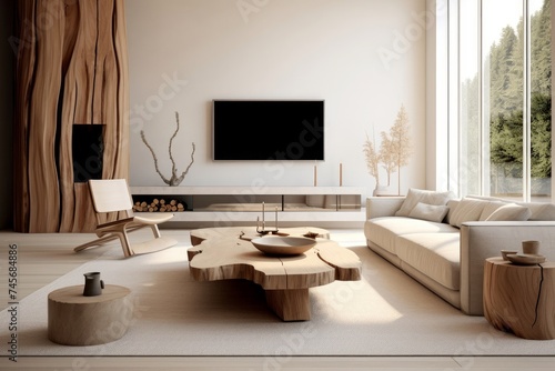 Minimalist interior design of modern living room with rustic accent pieces. Generative AI