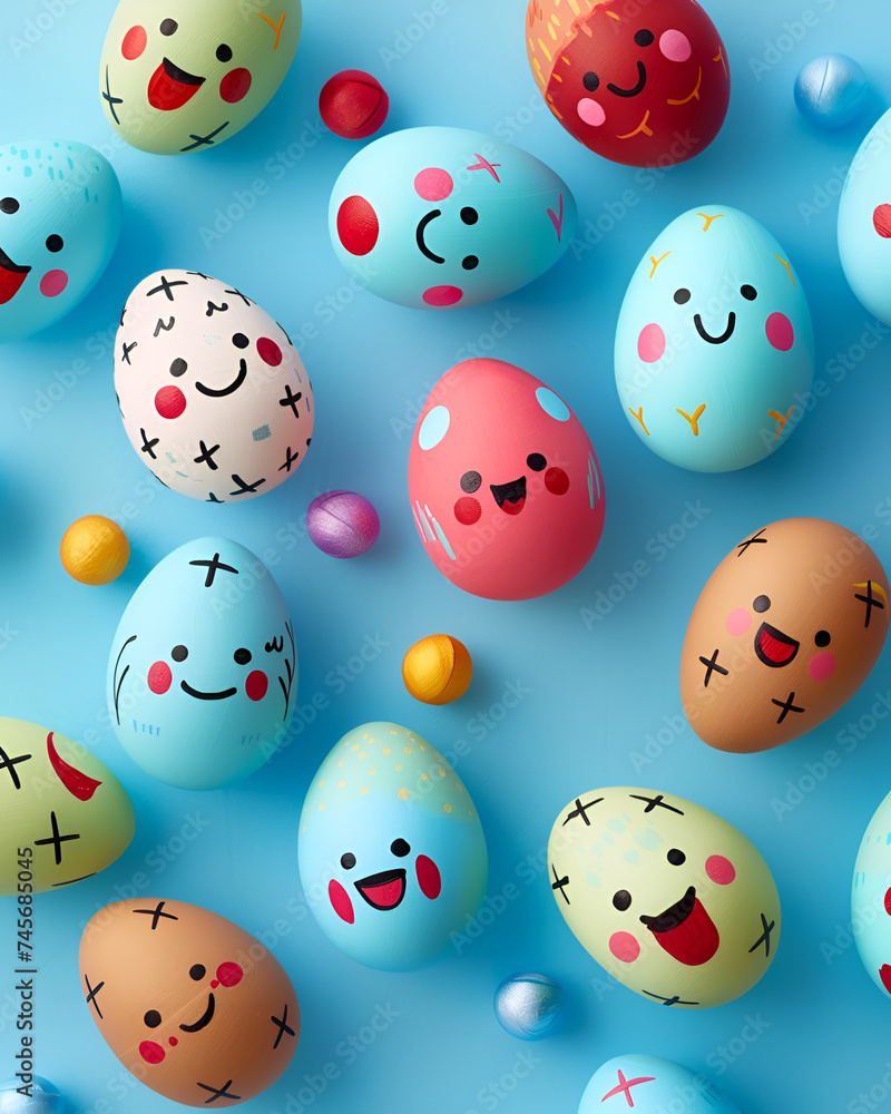 Colorful Easter eggs with smiling illustrations on light blue background