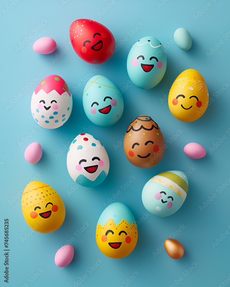 Colorful Easter eggs with smiling illustrations on light blue background Colorful Easter eggs with smiling illustrations on light blue background