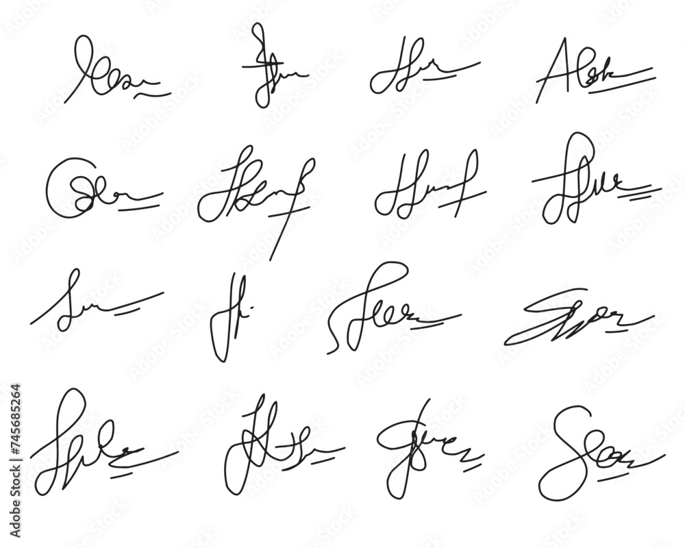 Hand-drawn signatures,set fictitious contract signatures business autograph illustration. - obrazy, fototapety, plakaty 
