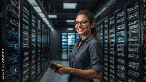Ingegnere informatico donna vestita con una camicia sorride in sala server