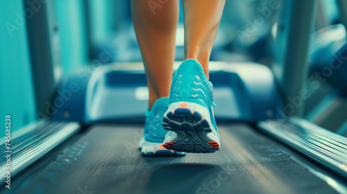 Closeup of feet running on treadmills at gym. © Nurul