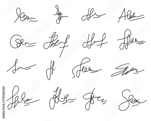 Hand-drawn signatures,set fictitious contract signatures business autograph illustration.