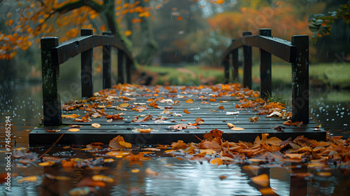 A rustic wooden bridge, with fallen leaves floating on the water below, during the tranquil transition into autumn