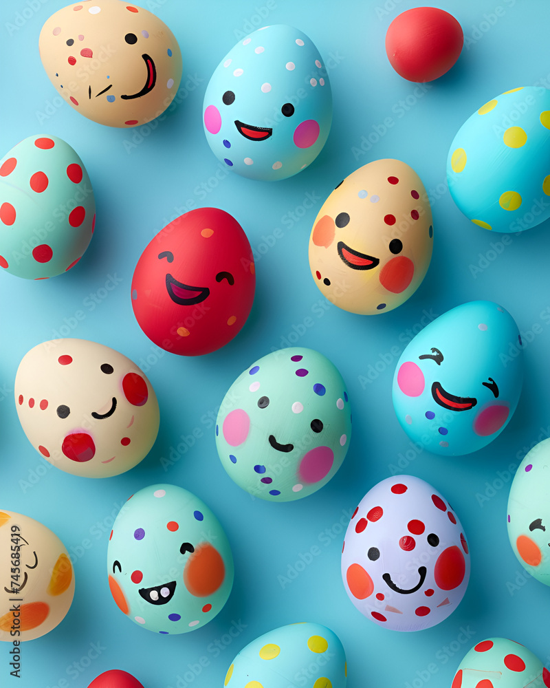 Colorful Easter eggs with smiling illustrations on light blue background Colorful Easter eggs with smiling illustrations on light blue background