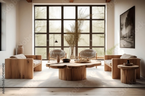 Rustic live edge table and wooden armchairs against of windows. Scandinavian interior design of modern living room. Generative AI