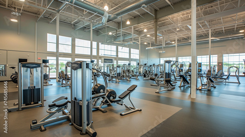 Modern gym interior with sport and fitness equipment,