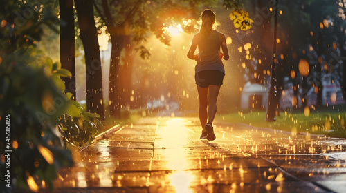 A woman jogs on a rain-soaked path through a sunlit park...