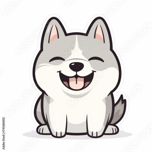A smiling husky puppy with its tongue out sitting down