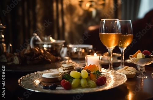 Luxury food service  appetisers and desserts served at a restaurant or formal dinner event in classic English style in the luxurious hotel or country estate  generative ai