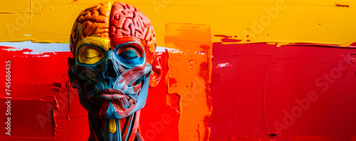 An anatomical bust model with exposed colorful musculature and brain detail positioned to the left, providing ample copy space on the smooth red and yellow paint-streaked background.