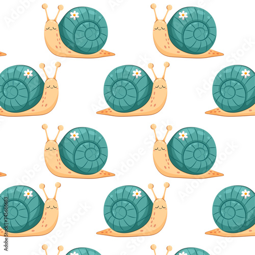 Seamless pattern with cute snail in flat style on white background. Garden snail in flat style.