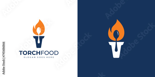 Creative Torch Food Logo. Burning Torch Fire Falme and Spoon with Minimalist Modern Style. Restaurant Logo Icon Symbol Vector Design Template.