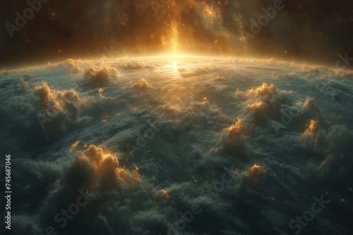 View of the planet Earth from space in the clouds. The concept of travel