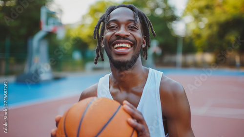 Closeup of a young athletic sporty men, African American basketball player, standing outdoors, looking at the camera and smiling. Happy athlete sport recreation outside on the playground with a hoop
