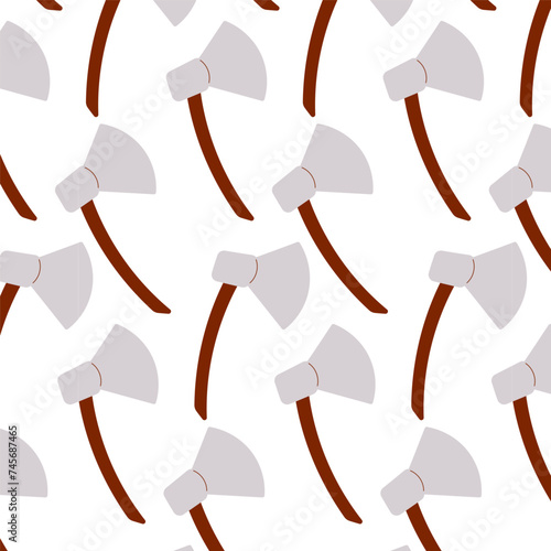 An ax is a metal tool with a wooden handle for use in the garden, at home, and outdoors. Sharp weapon. Chop wood and use it in construction. Hand drawn vector illustration. pattern, seamless.