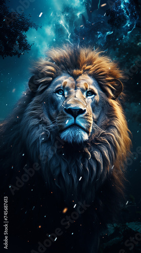 Beautiful portrait of a lion in the dark forest. Fantasy