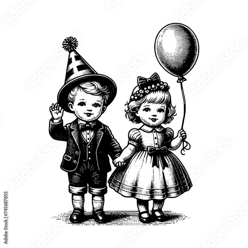 hand drawn art style kids celebrate birthday party with balloon in hand wear nice clothes vector illustration