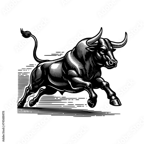 muscle bull with horn running in wilderness hand drawn art style vector illustration