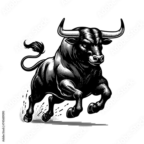 muscle bull with horn running in wilderness hand drawn art style vector illustration