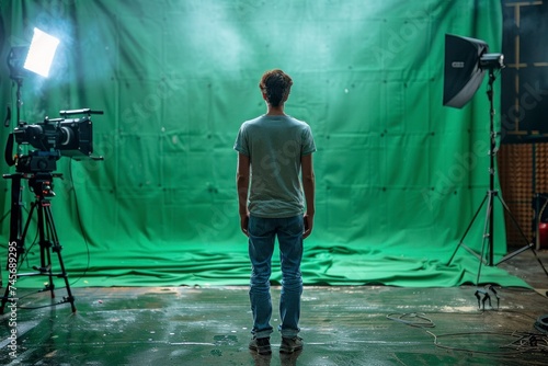 A film crew works on a set, with a cinematographer operating a camera focused on the action in front of a green screen.