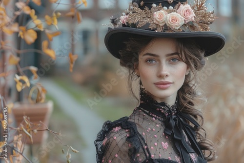 A Victorian era woman adorned in an elegant floral bonnet and lace attire gazes softly off-camera, evoking a bygone era of sophistication.