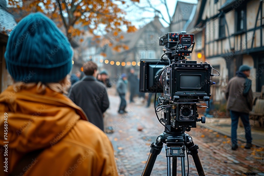 Fototapeta premium A filmmaker observes as the crew prepares to shoot a scene, with the camera in sharp focus against a backdrop of an urban street setting.