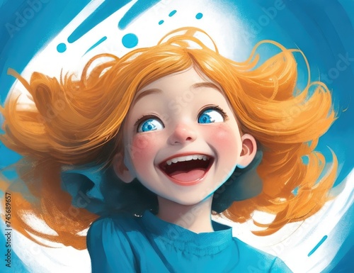 A whimsical illustration of a girl in a blue shirt, her eyes twinkling with joy as she smiles