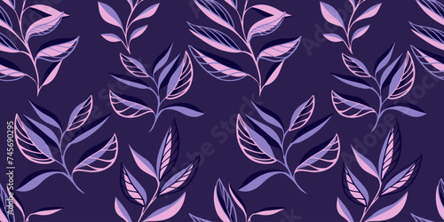 Modern violet minimalistic seamless pattern with abstract creative shapes leaves. Leaves sprigs twigs leafage stem branch printing. Vector hand drawn sketch. Collage for designs, patterned, fabric