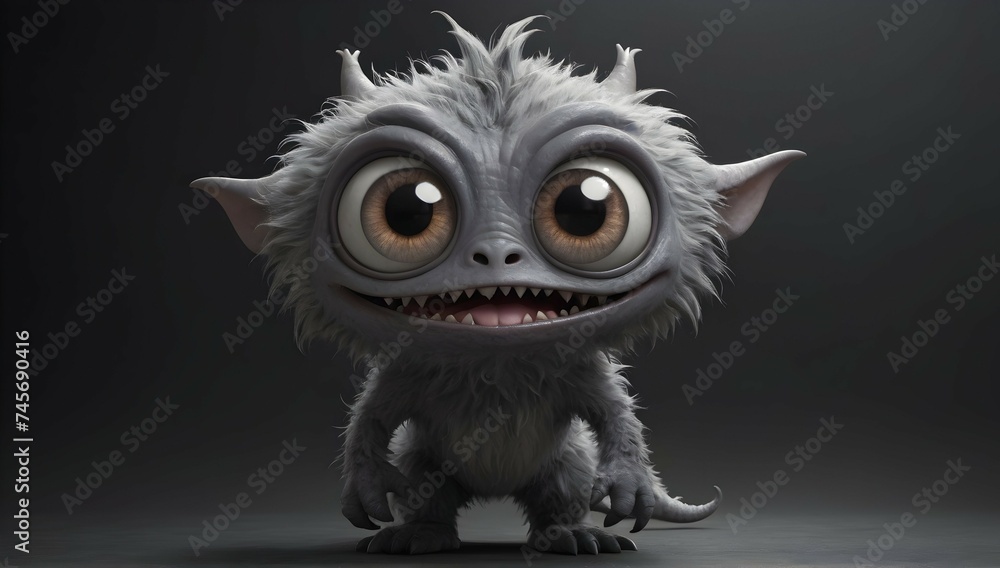 A one-of-a-kind creature stands out against the dark backdrop, its unique features drawing the viewer in. With an abundance of eyes filled with wonder and mischief, this cute and curious grey monster 