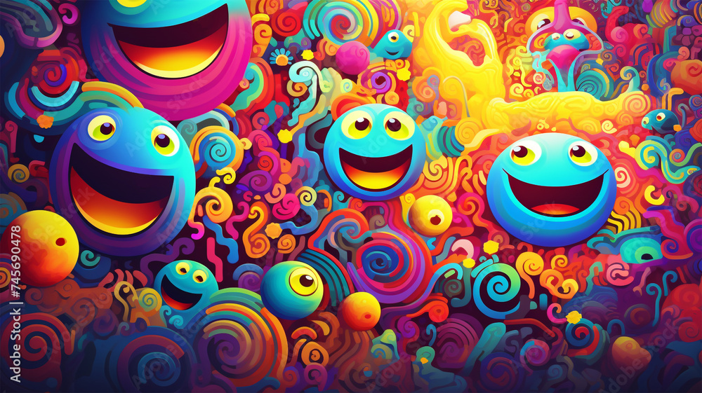 A group of colorful cartoon characters doodle art background A group of colorful cartoon characters doodle art background