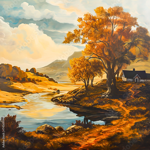 Golden Landscape. Generated Image. A digital rendering of a painting in the school of golden landscapes showing a lovely valley with a yellow sky.