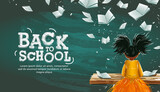 Education banner with school girl in classroom at lesson, flying books surround, vector illustration. 