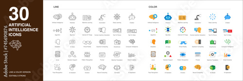 Artificial intelligence AI icon set in line style and color style. AI simple black line style and colorful style symbol sign for apps and website and infographic vector illustration.