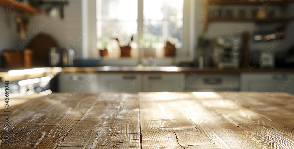 Empty wooden table and blurred kitchen background. Empty wooden table and blurred kitchen background.