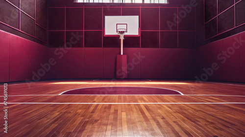 Empty basketball gym, sunlight coming through the windows, illuminating the hardwood parquet floor with thick white lines. Hoop, backboard and net placed in a public school sports indoor playground © Nemanja