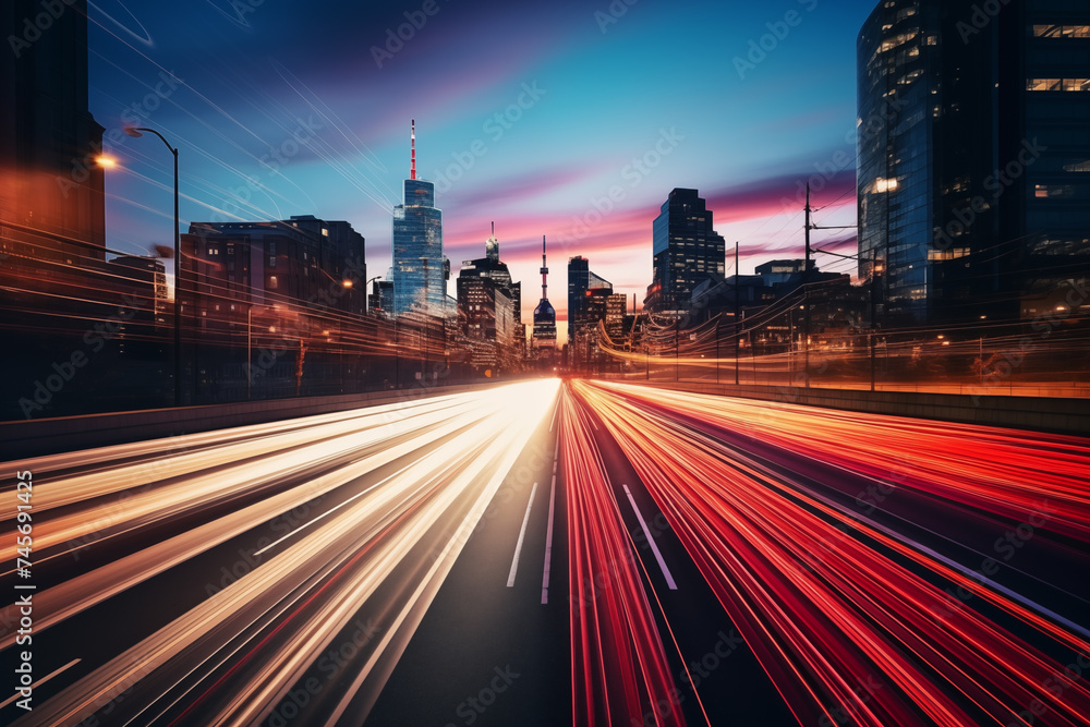 Obraz premium long exposure image city traffic lights at sunset rush hour