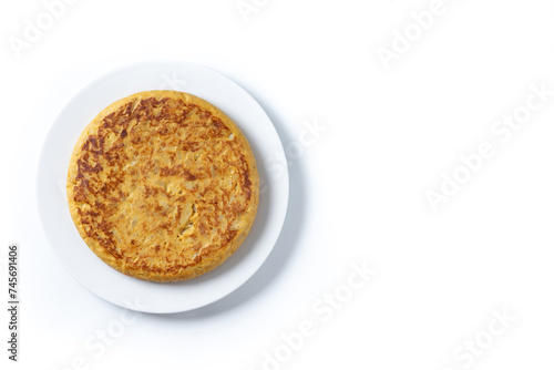 Traditional spanish omelette isolated on white background. Top view. Copy space