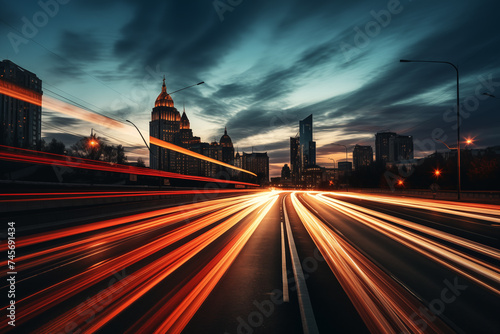 long exposure image city traffic lights at sunset rush hour