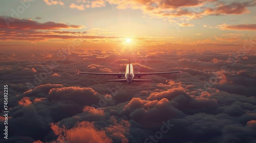 Passenger plane flying high above the clouds at sunset.