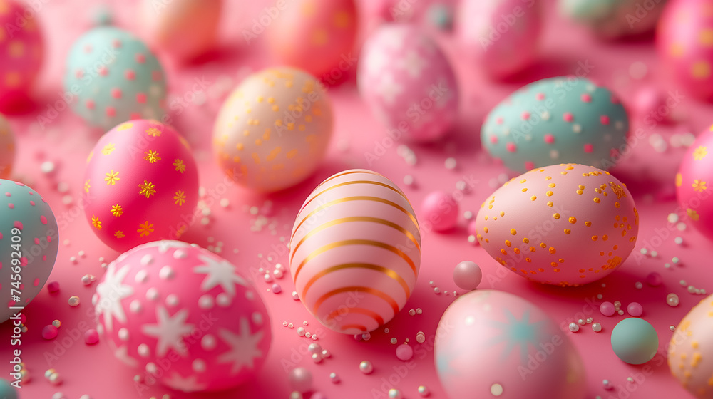 Easter card with pastel colors Easter eggs with gold decor on pink background. idea for easter decor Easter card with pastel colors Easter eggs with gold decor on pink background. idea for easter decor