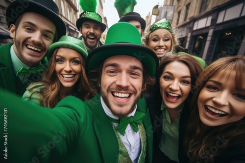 Festive Saint Patrick's snapshot, young group in leprechaun gear, capturing memories on a city street. Generated AI
