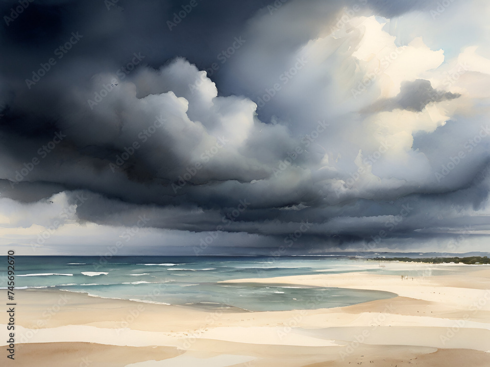 Rain clouds at the beach watercolor background