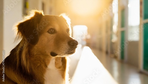 Generated image of sad dog waiting for owner in hallway of pet hospital photo