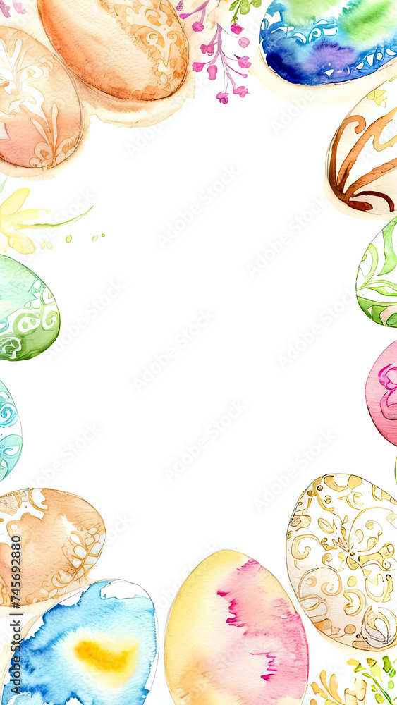 Frame of Easter eggs and spring flowers, watercolor. High quality photo Delicate pastel colors depicting Easter eggs and flowers create an atmosphere of celebration, joy and happiness